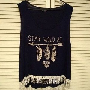 XXL Black Indian Motif Feathers Arrow Sleeveless Scoop Neck Fringe Top